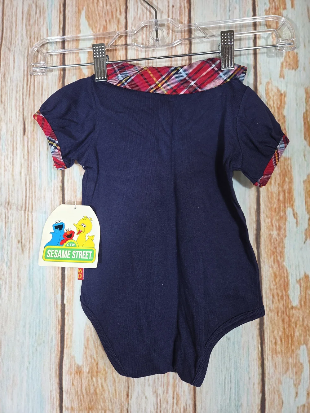 Vintage New Stock Sesame Street Navy Baby Onesie with Red Plaid Trim. 12m